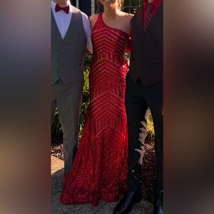 Jovani One-Shoulder Red Sequin Gown